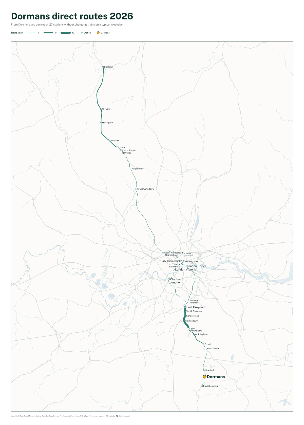 Dormans direct routes 2026: a map of every station you can reach from Dormans without changing trains, the lines thicker where more trains run