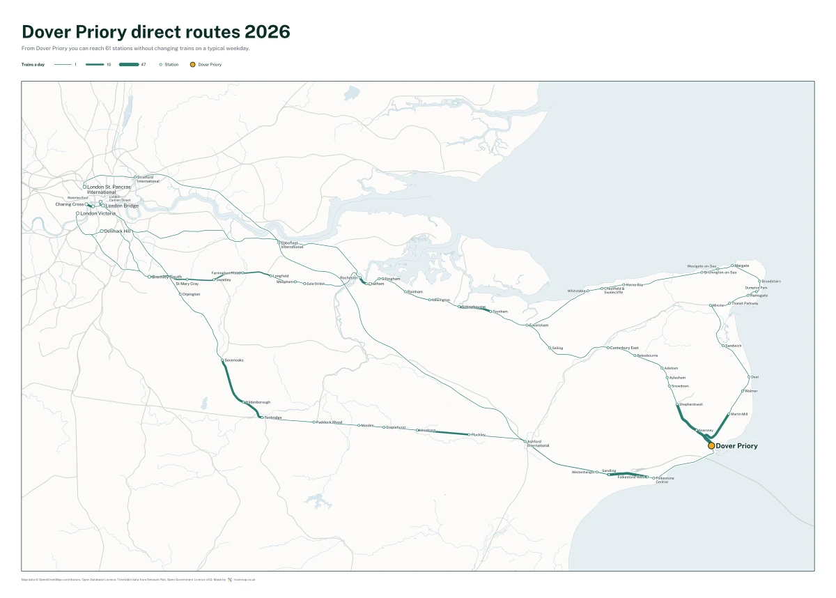 Dover Priory direct routes 2026: a map of every station you can reach from Dover Priory without changing trains, the lines thicker where more trains run
