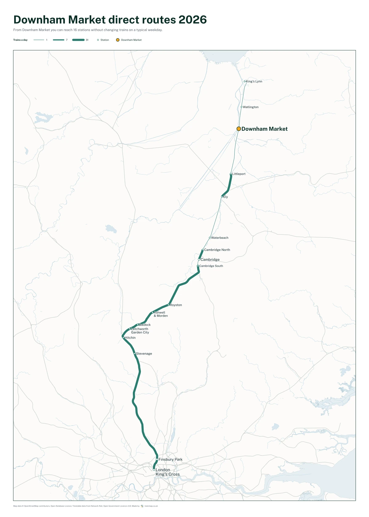 Downham Market direct routes 2026: a map of every station you can reach from Downham Market without changing trains, the lines thicker where more trains run