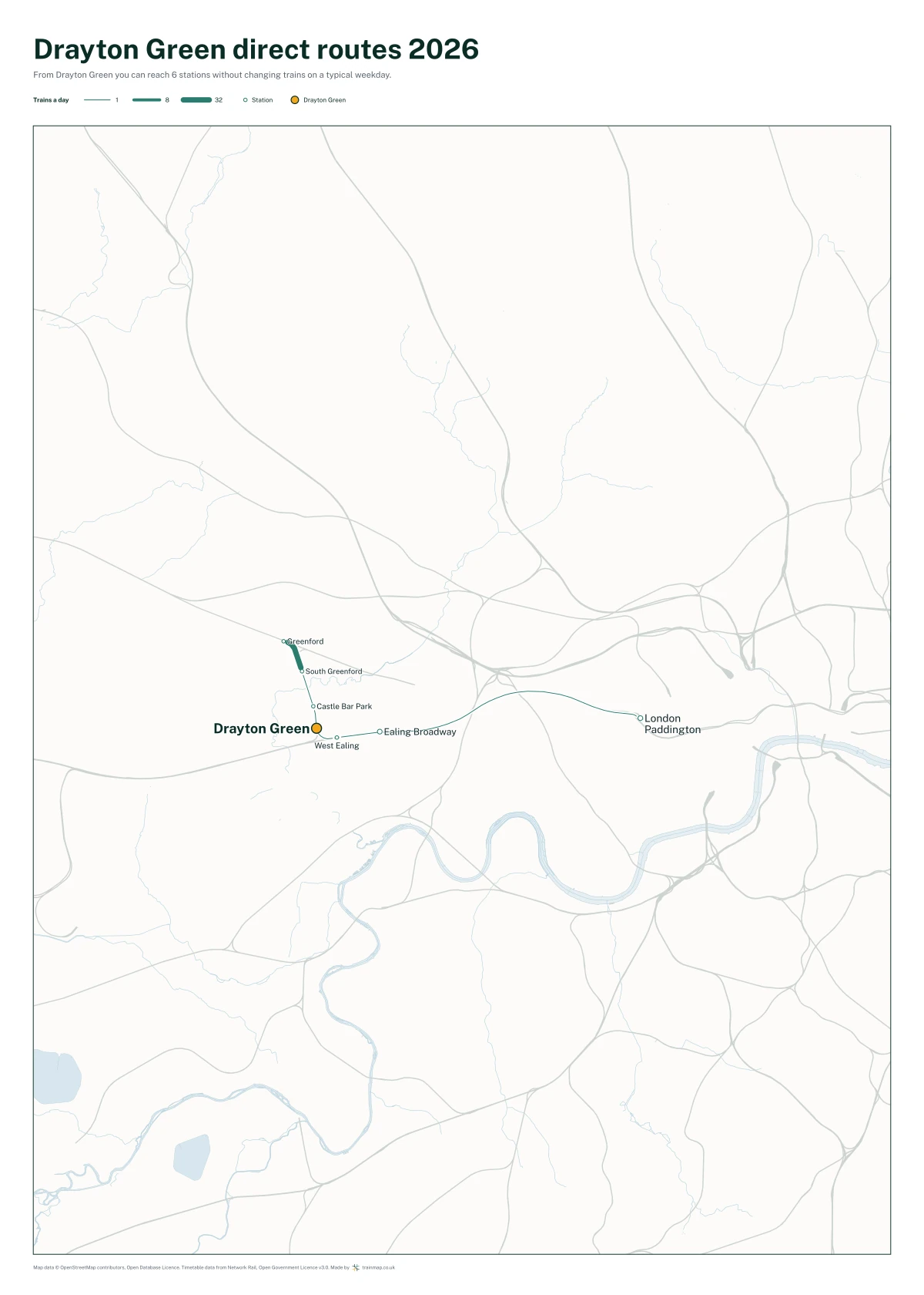 Drayton Green direct routes 2026: a map of every station you can reach from Drayton Green without changing trains, the lines thicker where more trains run