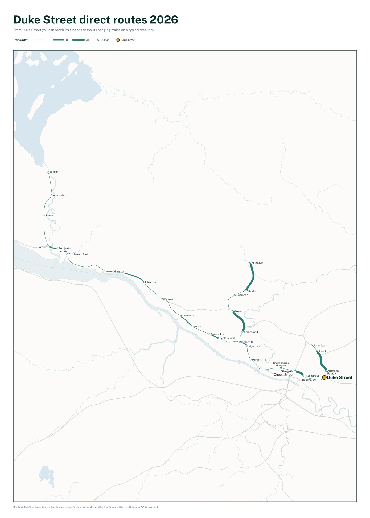 Duke Street direct routes 2026: a map of every station you can reach from Duke Street without changing trains, the lines thicker where more trains run