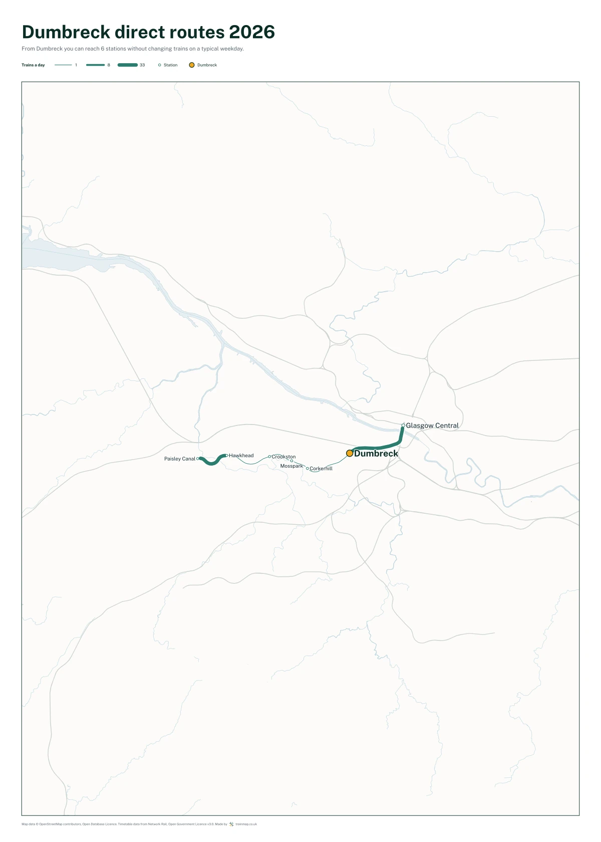 Dumbreck direct routes 2026: a map of every station you can reach from Dumbreck without changing trains, the lines thicker where more trains run