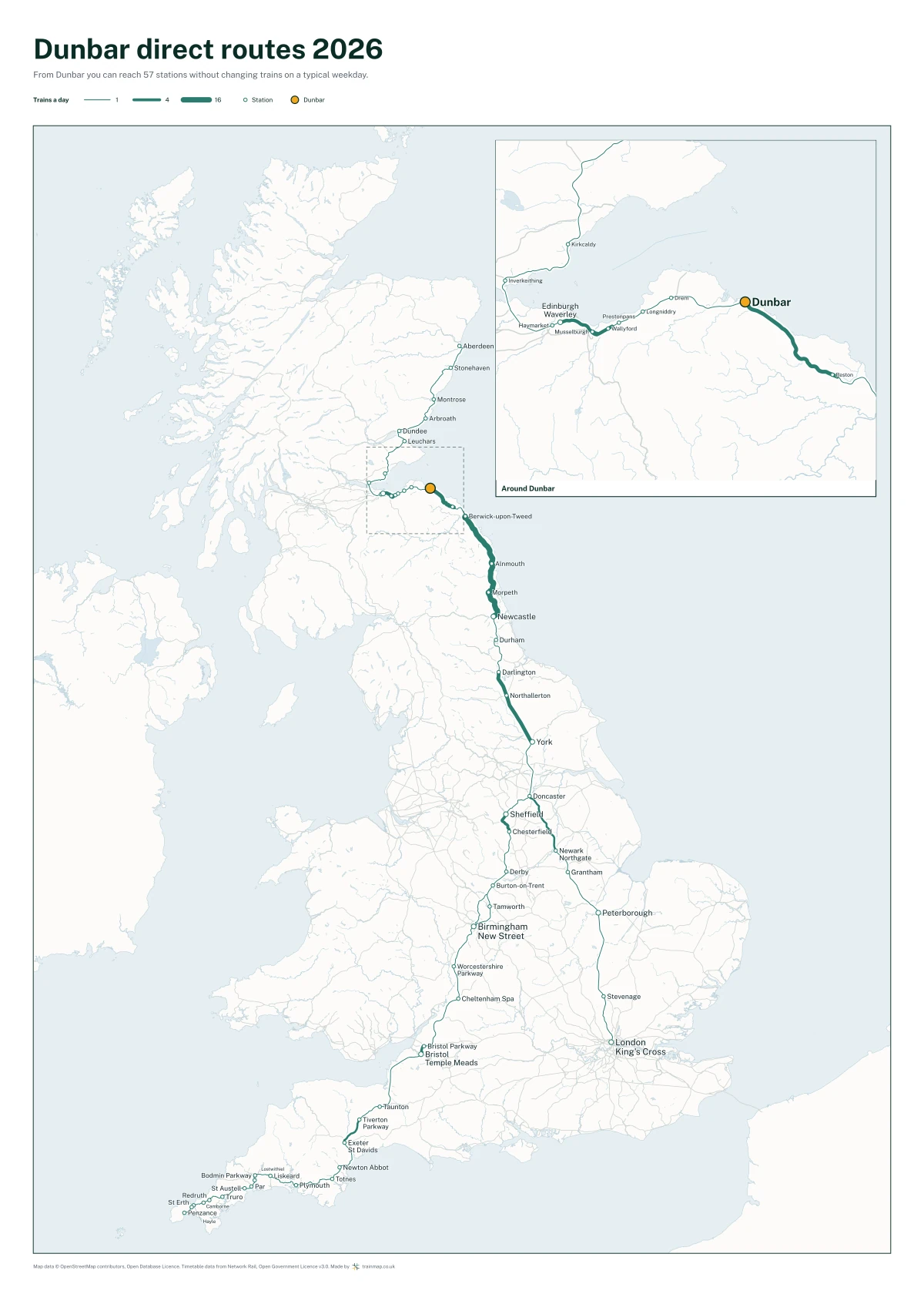 Dunbar direct routes 2026: a map of every station you can reach from Dunbar without changing trains, the lines thicker where more trains run