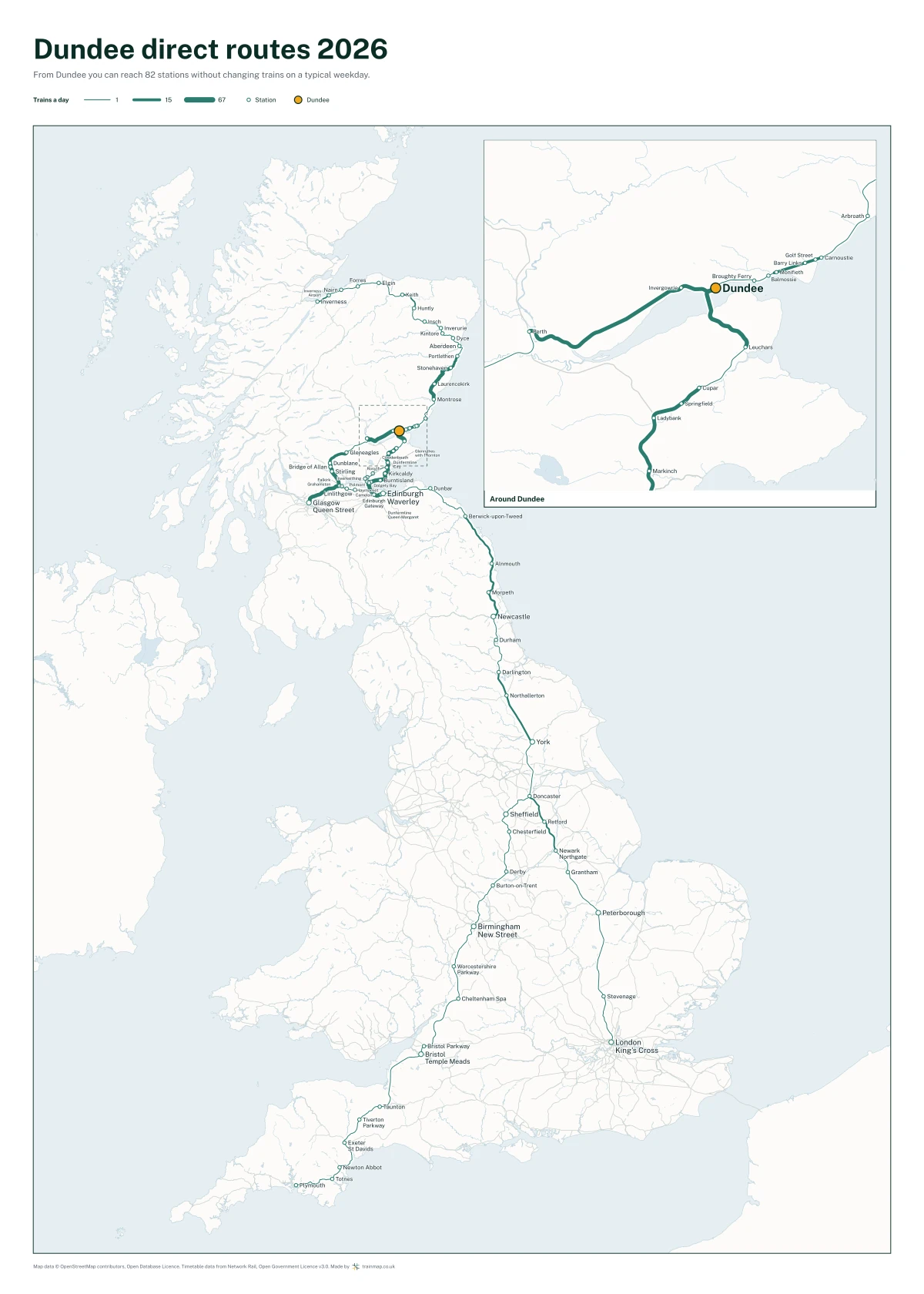 Dundee direct routes 2026: a map of every station you can reach from Dundee without changing trains, the lines thicker where more trains run