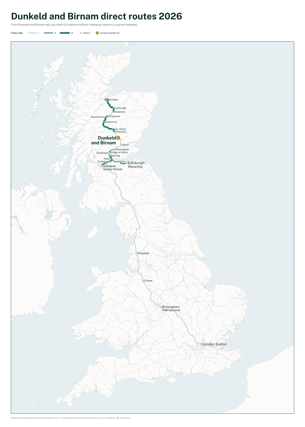 Dunkeld and Birnam direct routes 2026: a map of every station you can reach from Dunkeld and Birnam without changing trains, the lines thicker where more trains run