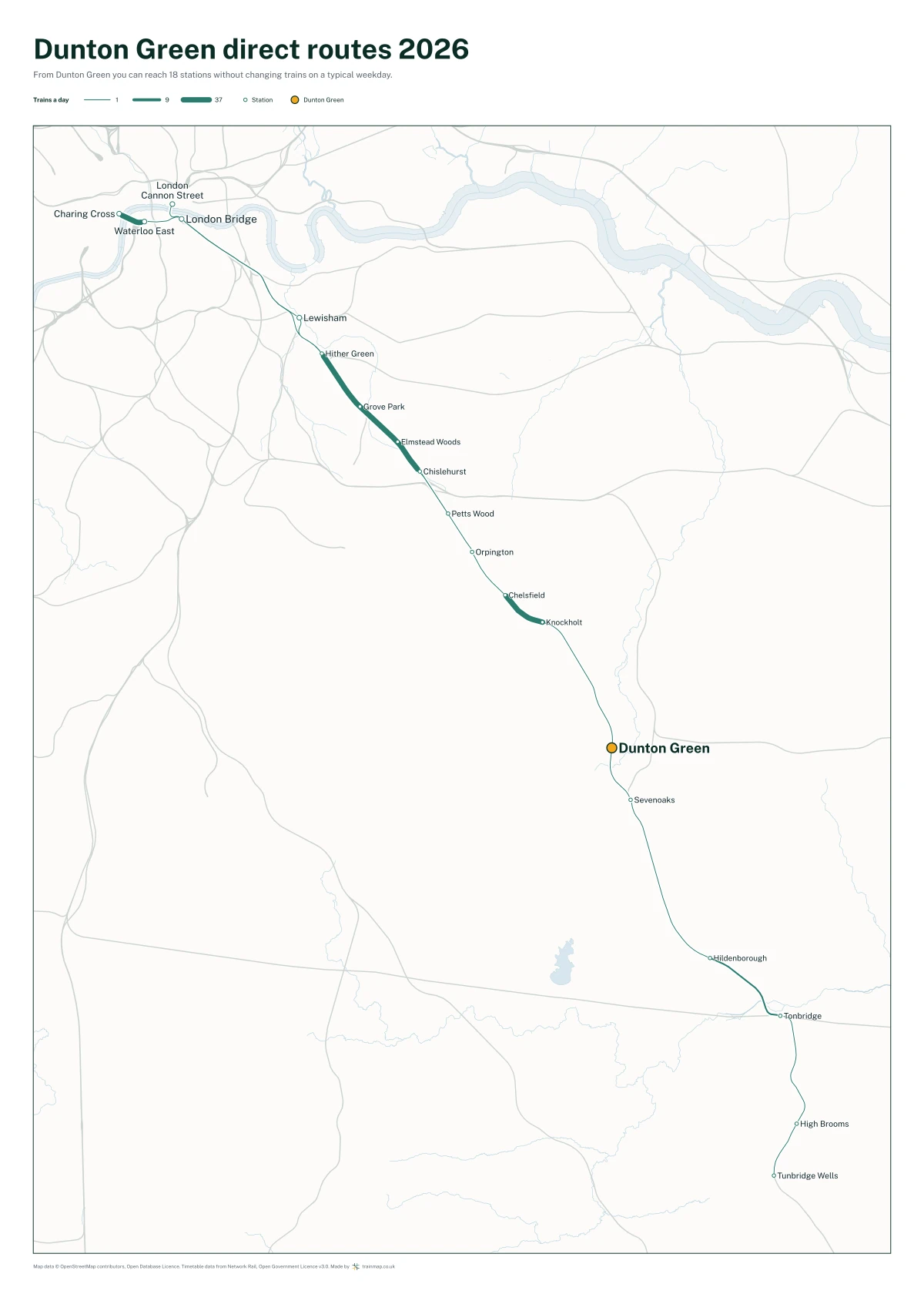 Dunton Green direct routes 2026: a map of every station you can reach from Dunton Green without changing trains, the lines thicker where more trains run