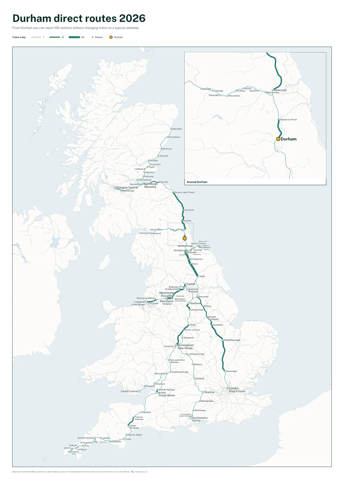 Durham direct routes 2026: a map of every station you can reach from Durham without changing trains, the lines thicker where more trains run