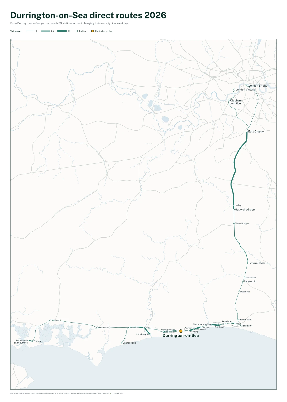 Durrington-on-Sea direct routes 2026: a map of every station you can reach from Durrington-on-Sea without changing trains, the lines thicker where more trains run