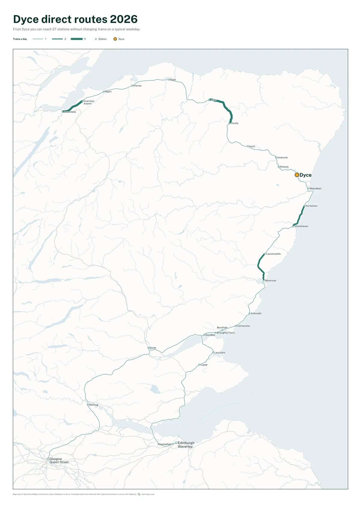 Dyce direct routes 2026: a map of every station you can reach from Dyce without changing trains, the lines thicker where more trains run