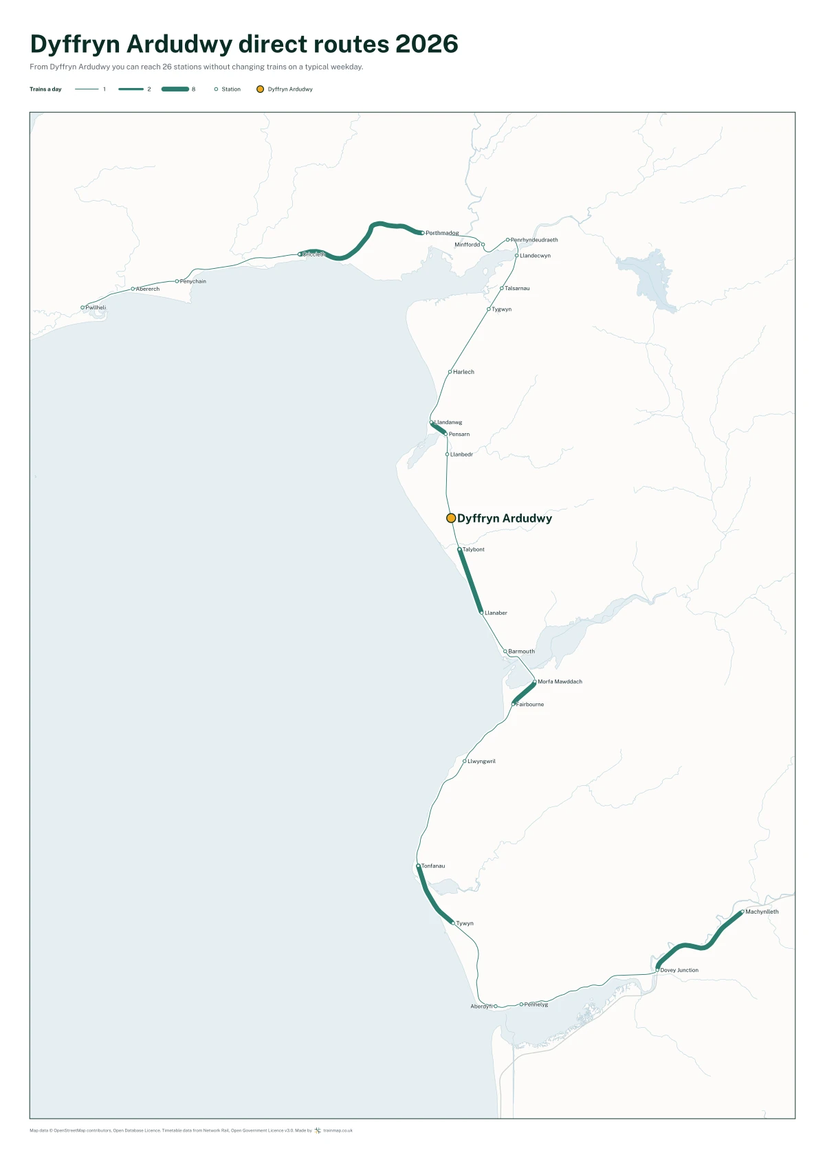 Dyffryn Ardudwy direct routes 2026: a map of every station you can reach from Dyffryn Ardudwy without changing trains, the lines thicker where more trains run