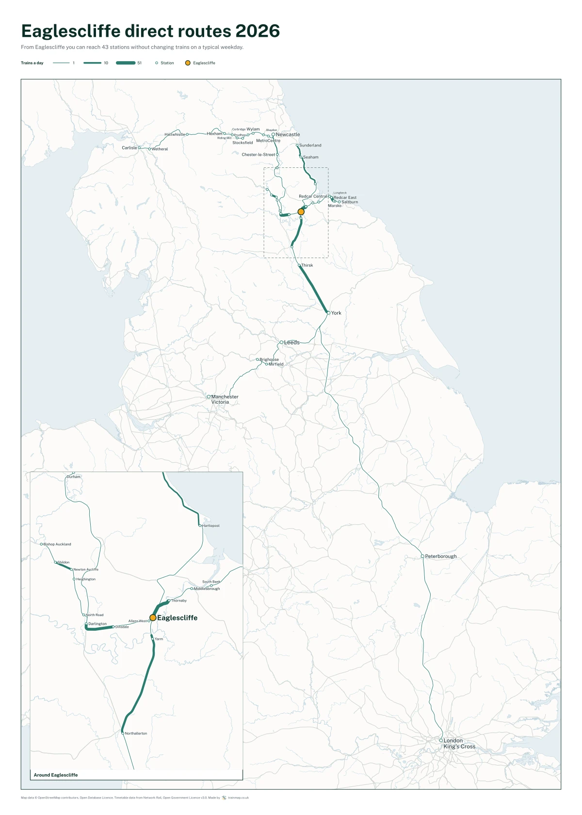 Eaglescliffe direct routes 2026: a map of every station you can reach from Eaglescliffe without changing trains, the lines thicker where more trains run