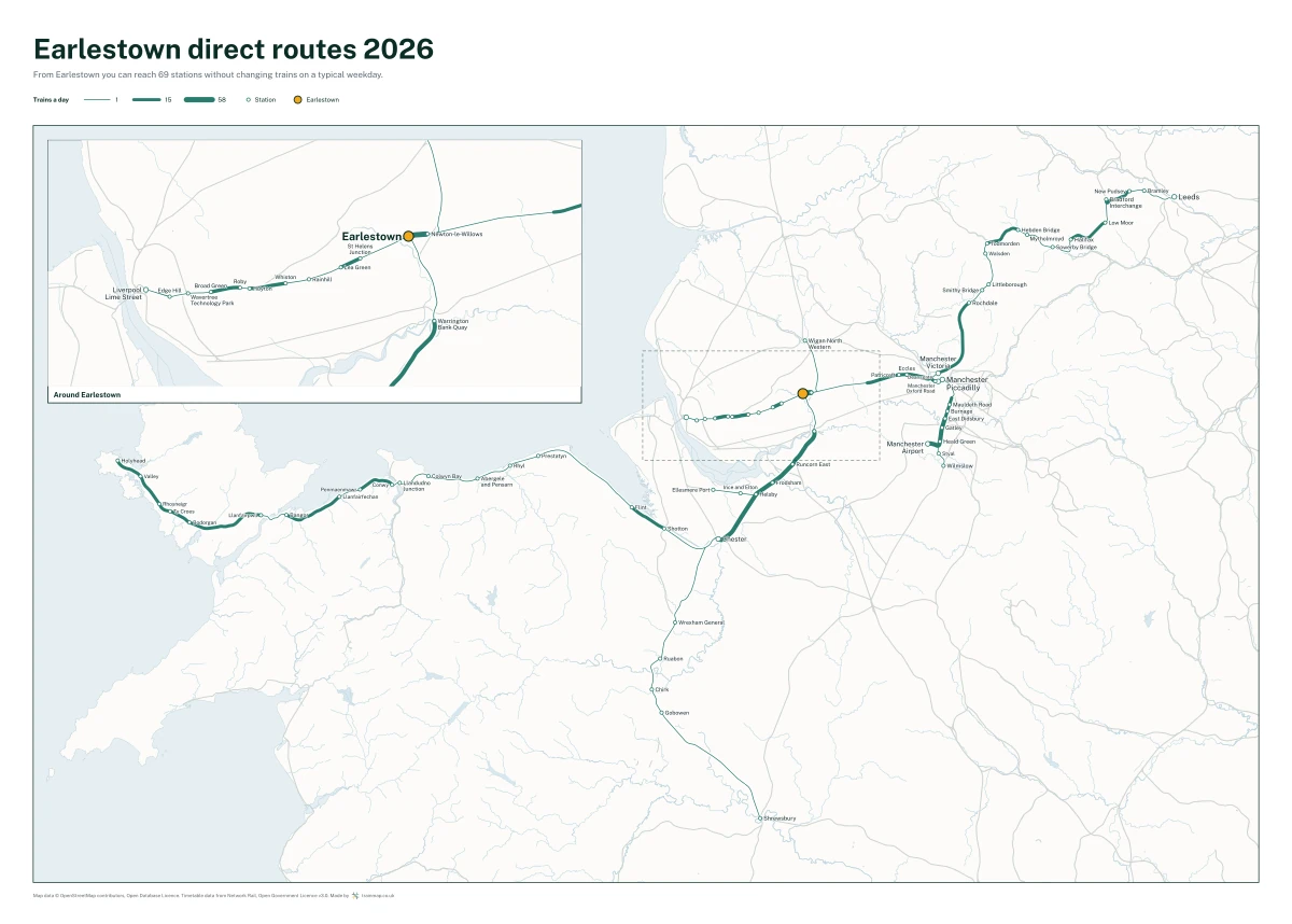 Earlestown direct routes 2026: a map of every station you can reach from Earlestown without changing trains, the lines thicker where more trains run