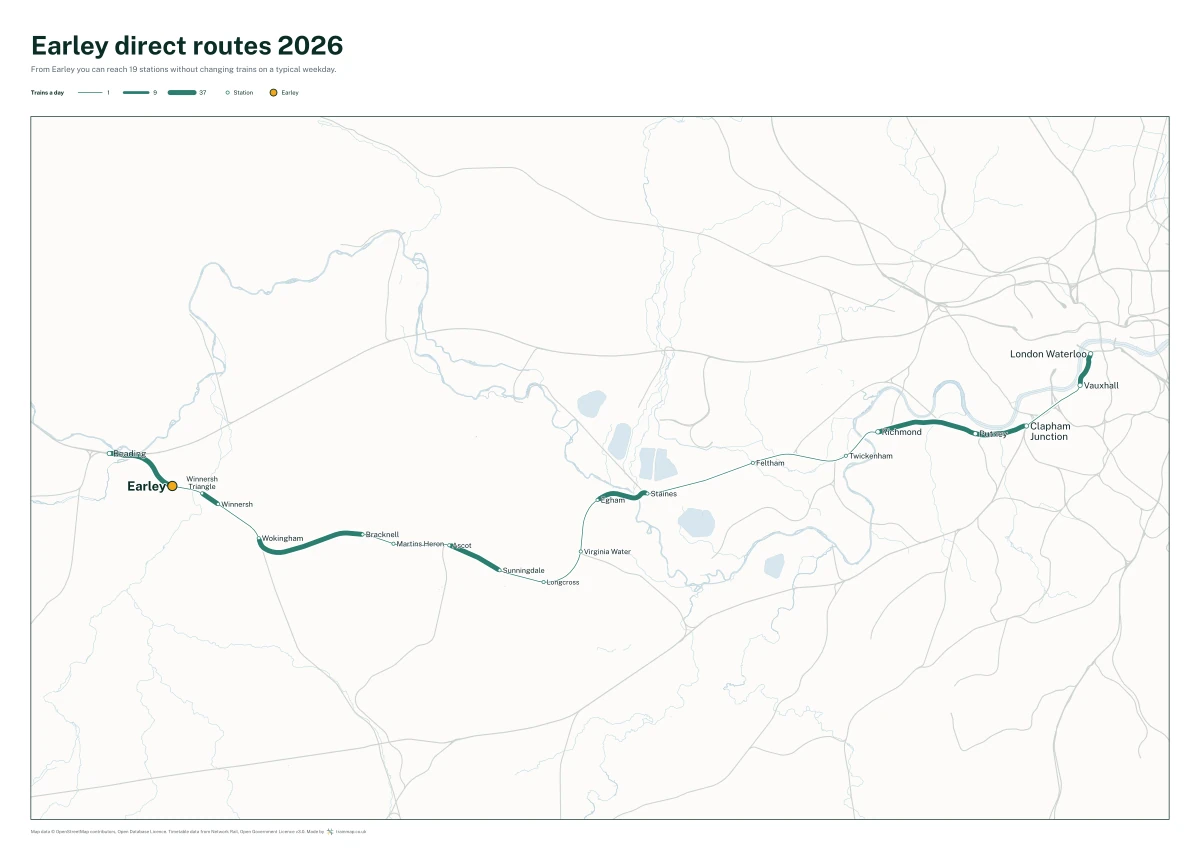 Earley direct routes 2026: a map of every station you can reach from Earley without changing trains, the lines thicker where more trains run