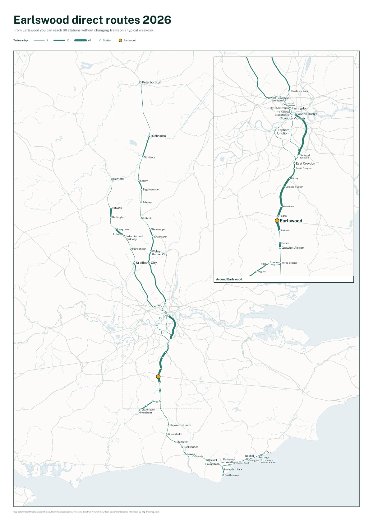 Earlswood (Surrey) direct routes 2026: a map of every station you can reach from Earlswood (Surrey) without changing trains, the lines thicker where more trains run