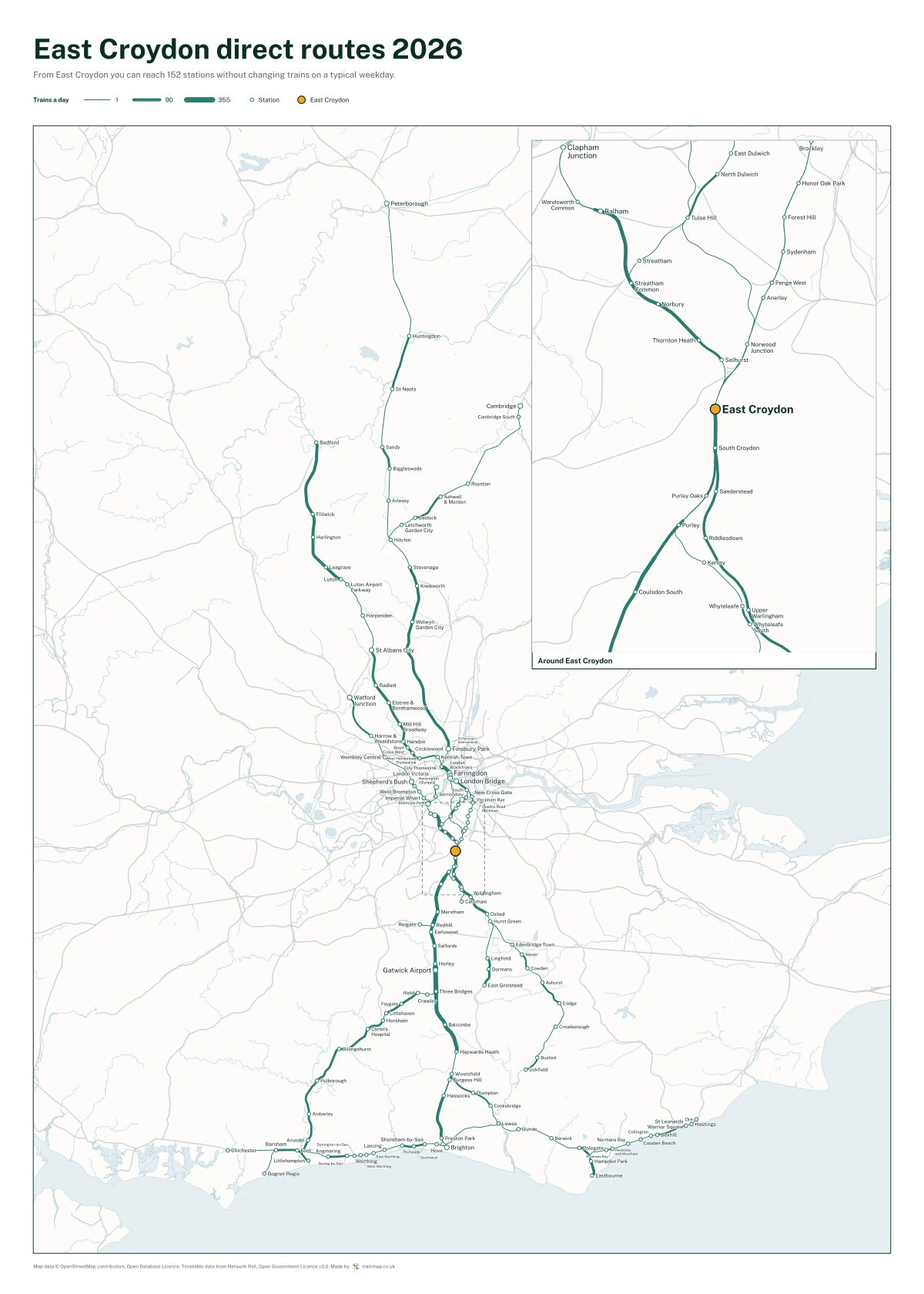 East Croydon direct routes 2026: a map of every station you can reach from East Croydon without changing trains, the lines thicker where more trains run