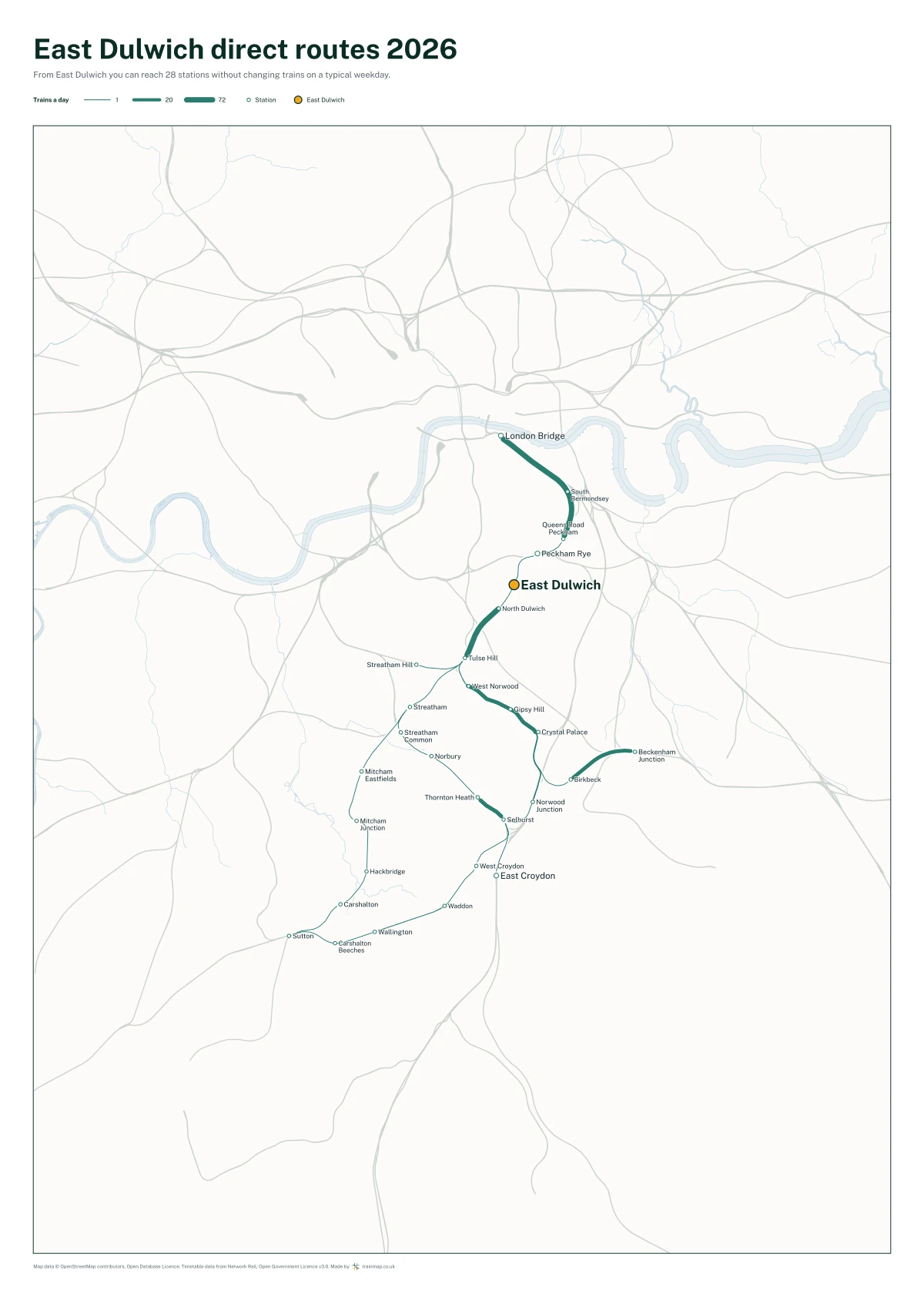 East Dulwich direct routes 2026: a map of every station you can reach from East Dulwich without changing trains, the lines thicker where more trains run