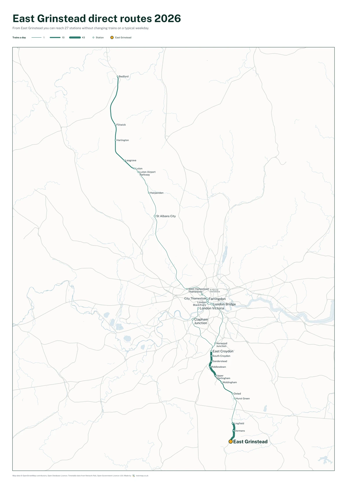 East Grinstead direct routes 2026: a map of every station you can reach from East Grinstead without changing trains, the lines thicker where more trains run