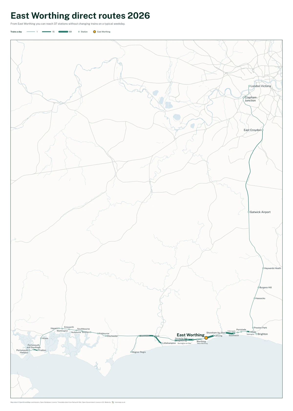 East Worthing direct routes 2026: a map of every station you can reach from East Worthing without changing trains, the lines thicker where more trains run