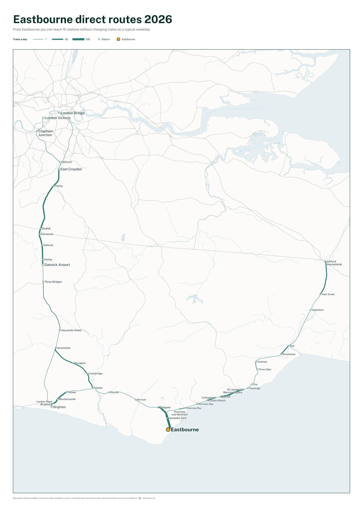 Eastbourne direct routes 2026: a map of every station you can reach from Eastbourne without changing trains, the lines thicker where more trains run