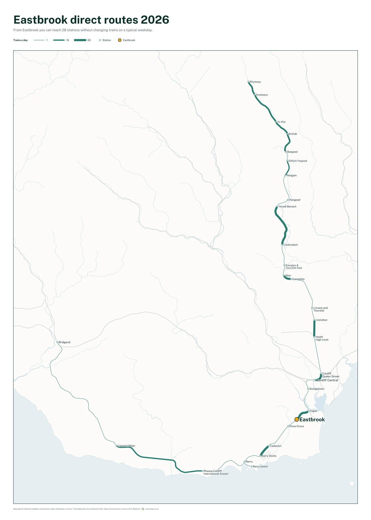 Eastbrook direct routes 2026: a map of every station you can reach from Eastbrook without changing trains, the lines thicker where more trains run