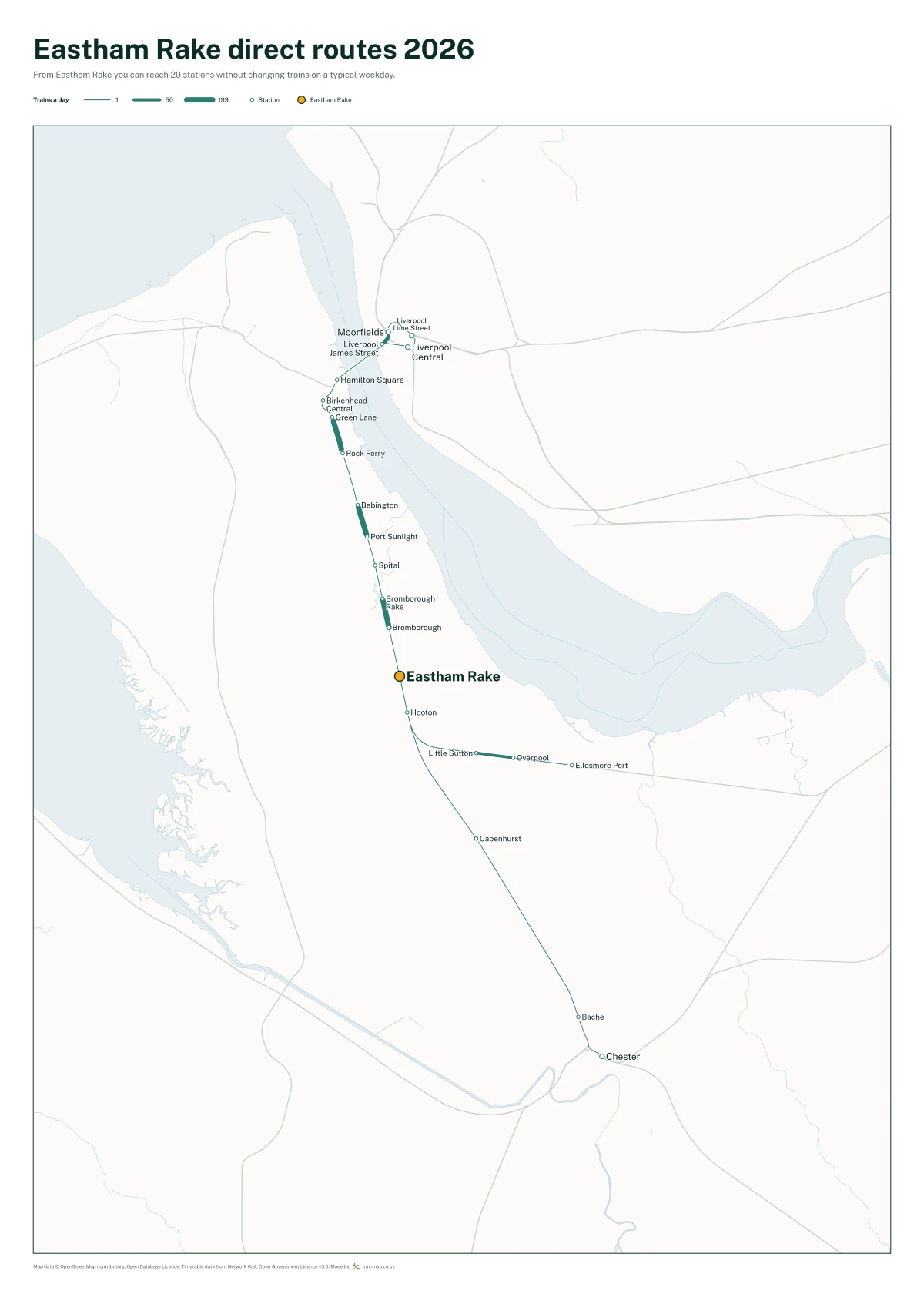 Eastham Rake direct routes 2026: a map of every station you can reach from Eastham Rake without changing trains, the lines thicker where more trains run