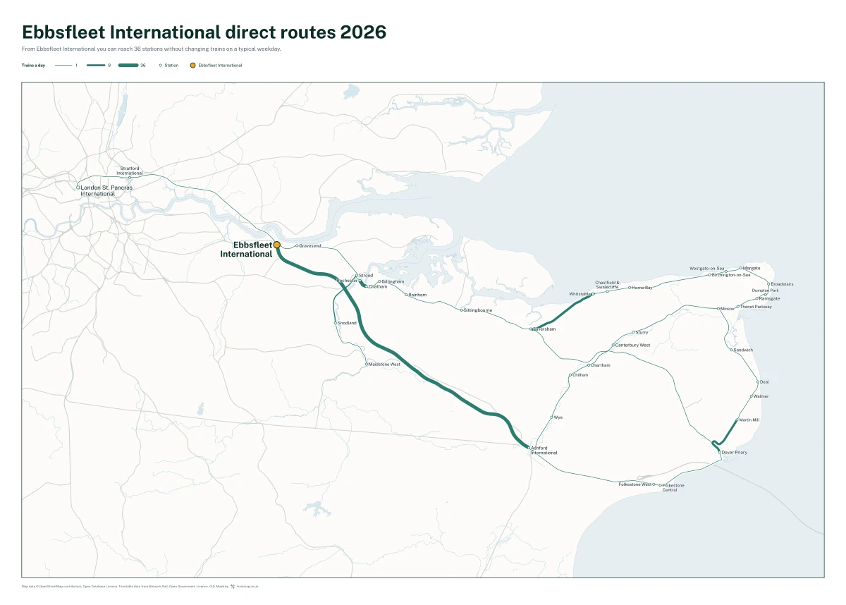 Ebbsfleet International direct routes 2026: a map of every station you can reach from Ebbsfleet International without changing trains, the lines thicker where more trains run