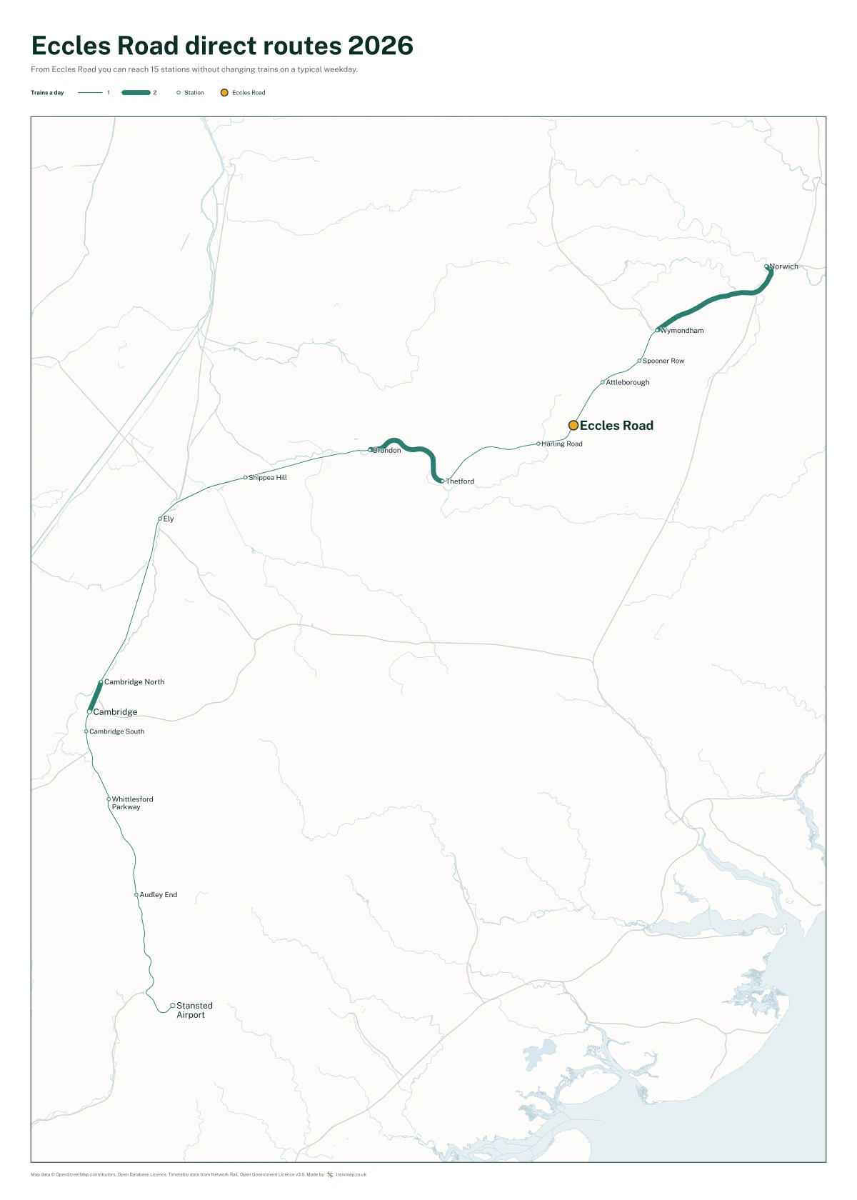 Eccles Road direct routes 2026: a map of every station you can reach from Eccles Road without changing trains, the lines thicker where more trains run