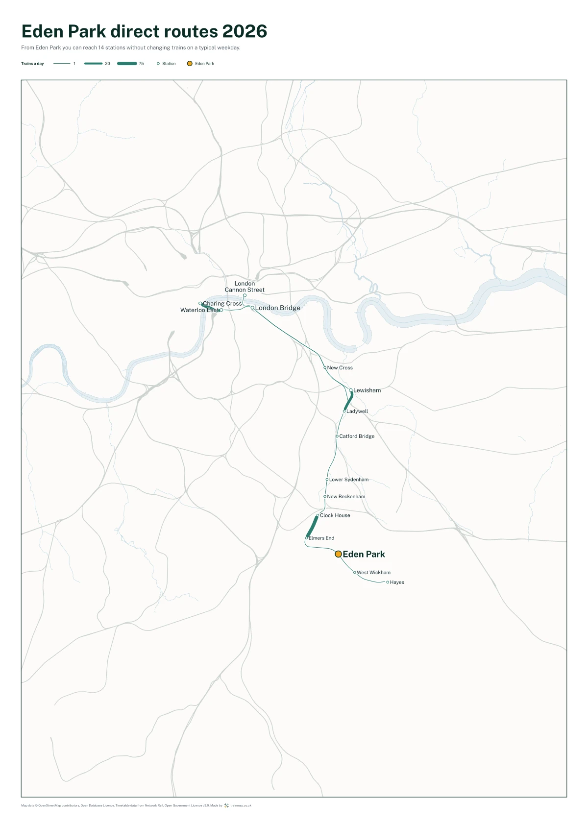 Eden Park direct routes 2026: a map of every station you can reach from Eden Park without changing trains, the lines thicker where more trains run