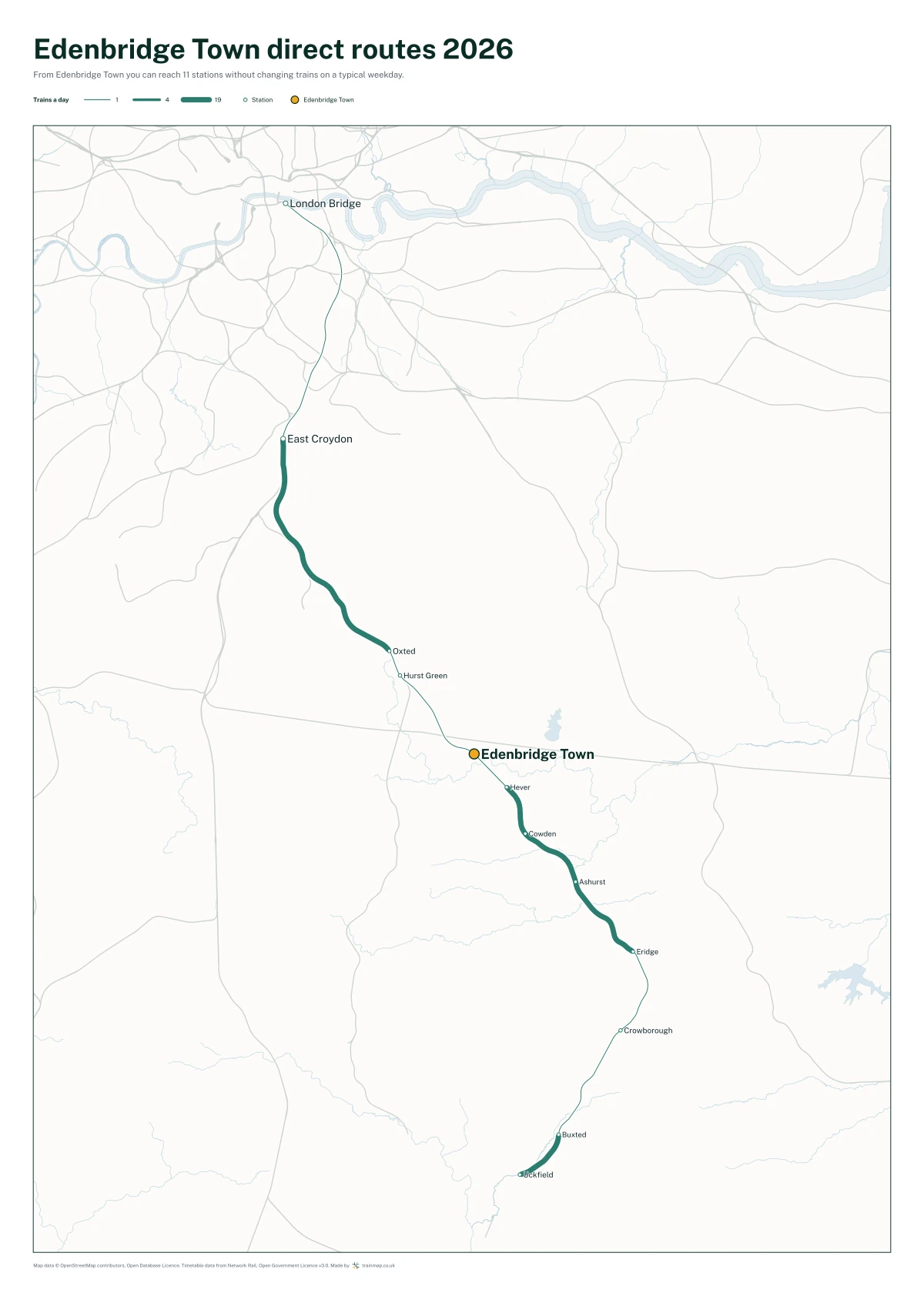 Edenbridge Town direct routes 2026: a map of every station you can reach from Edenbridge Town without changing trains, the lines thicker where more trains run