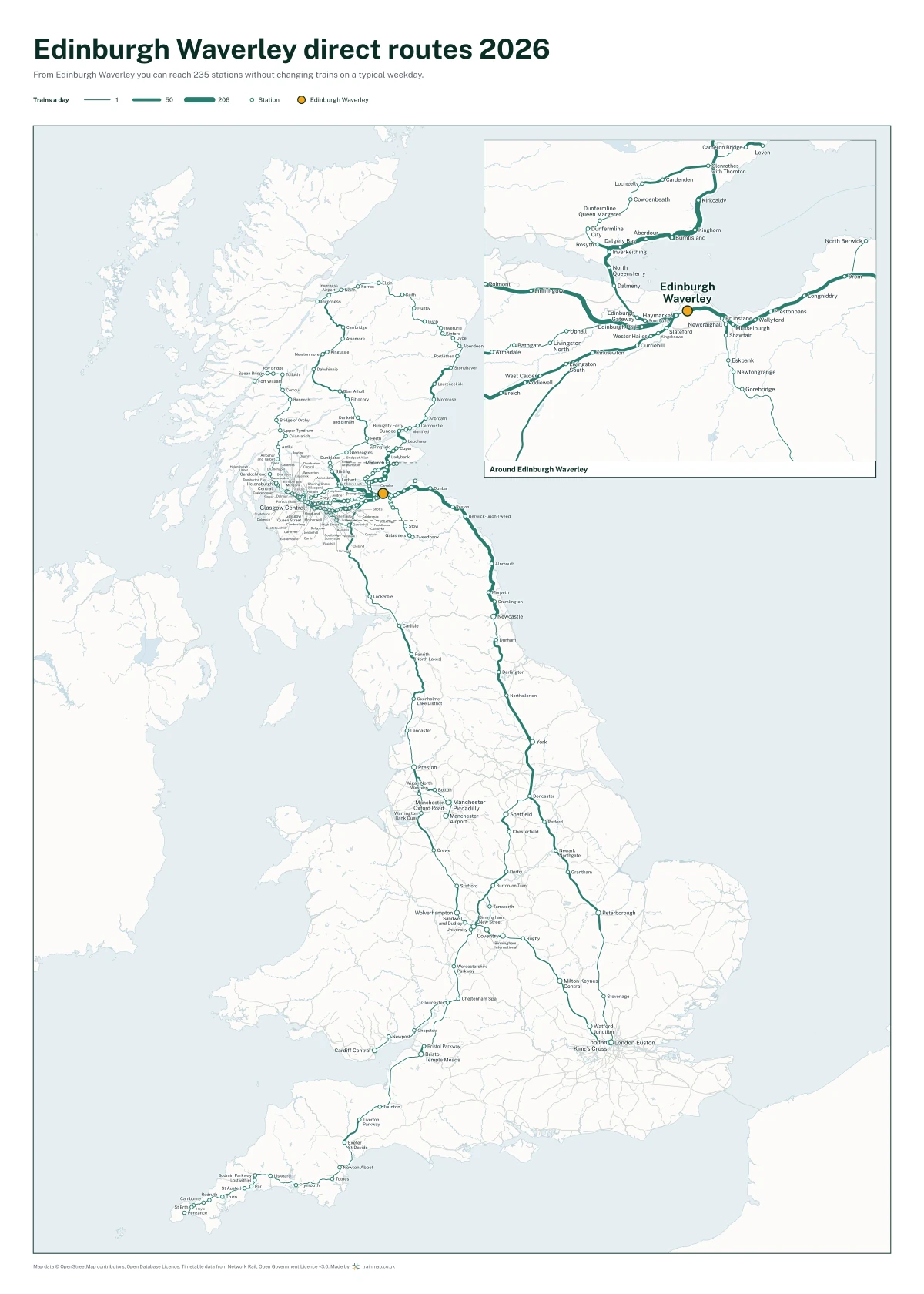 Edinburgh Waverley direct routes 2026: a map of every station you can reach from Edinburgh Waverley without changing trains, the lines thicker where more trains run
