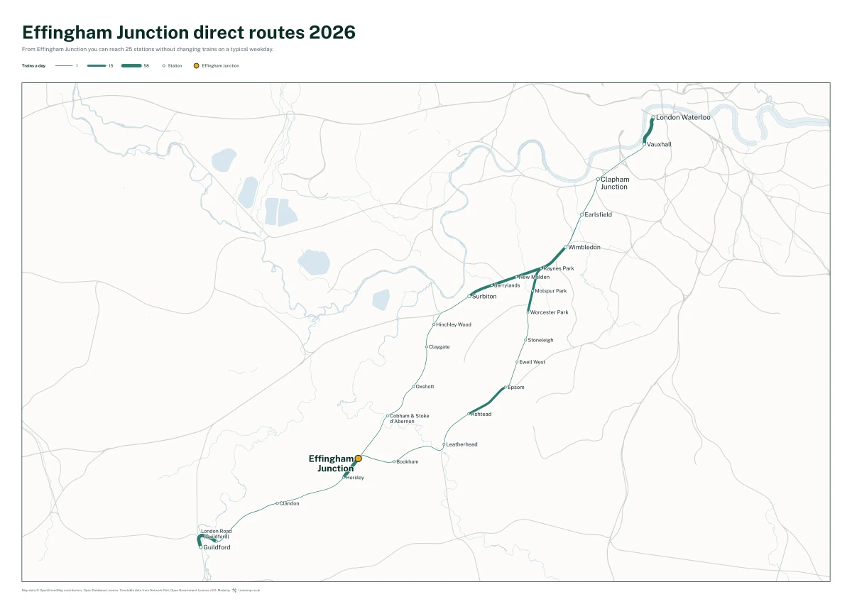 Effingham Junction direct routes 2026: a map of every station you can reach from Effingham Junction without changing trains, the lines thicker where more trains run
