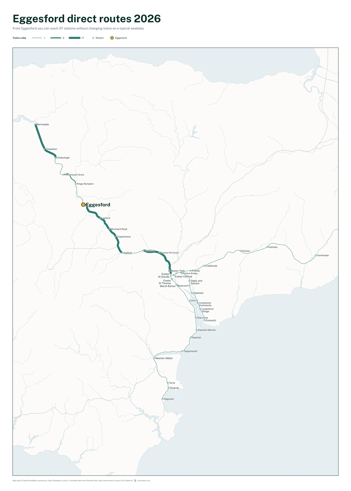 Eggesford direct routes 2026: a map of every station you can reach from Eggesford without changing trains, the lines thicker where more trains run
