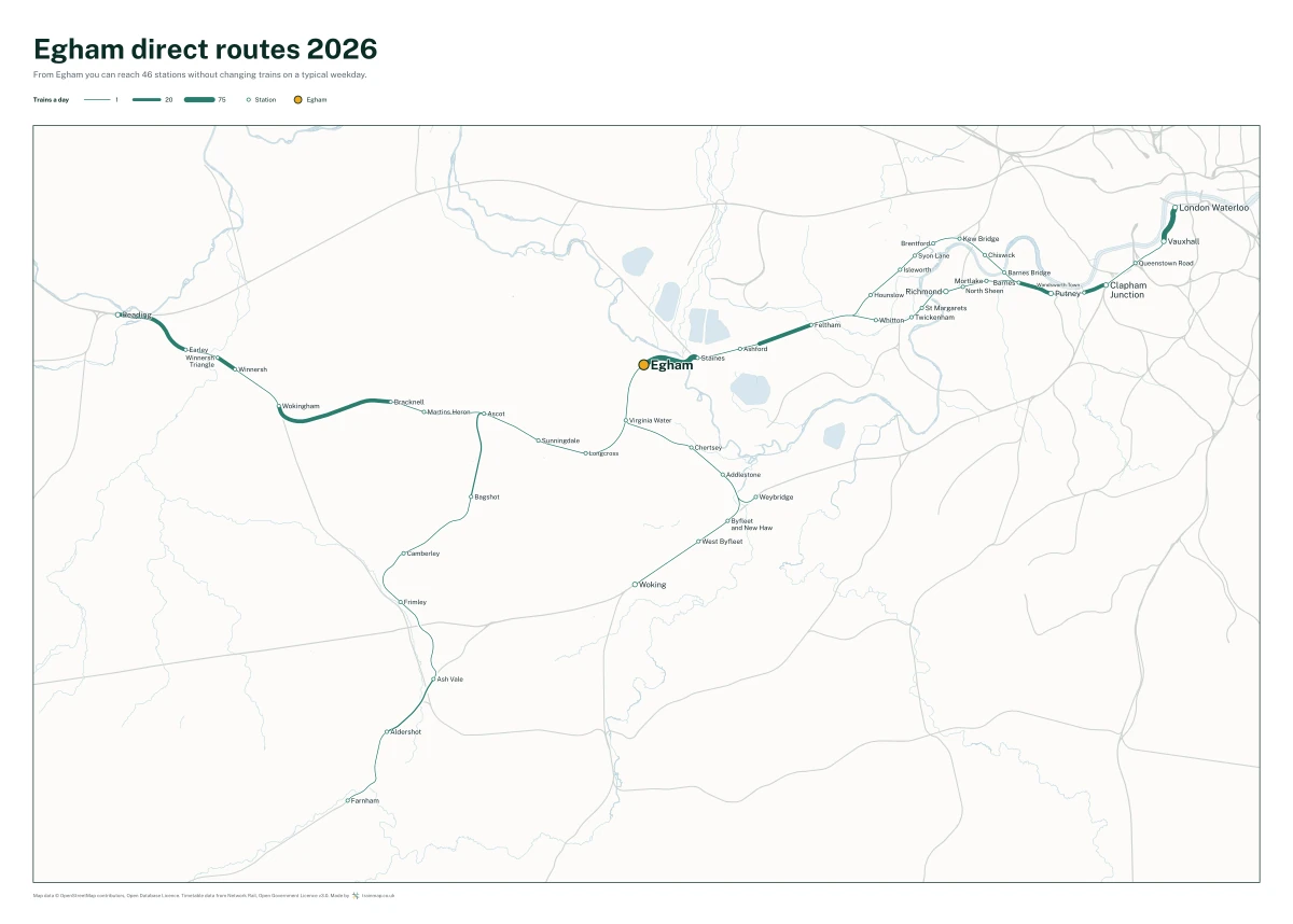 Egham direct routes 2026: a map of every station you can reach from Egham without changing trains, the lines thicker where more trains run