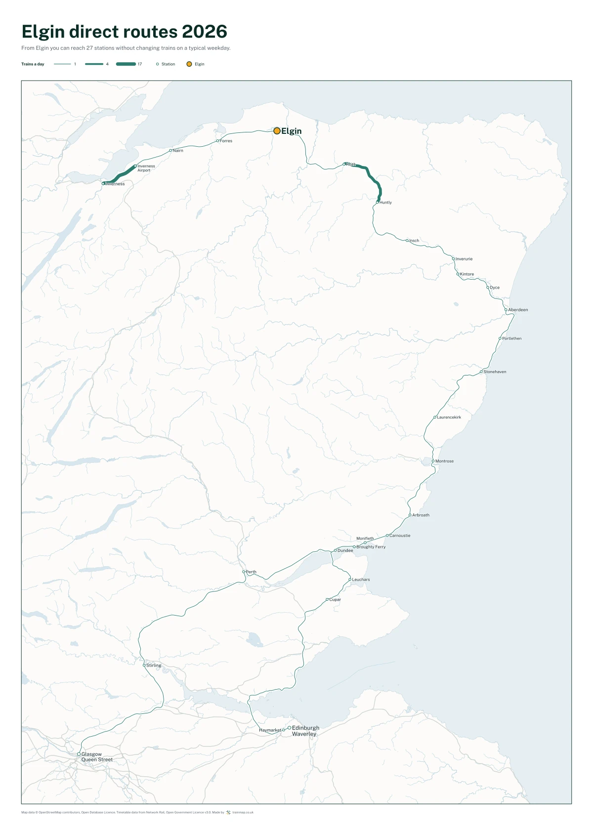 Elgin direct routes 2026: a map of every station you can reach from Elgin without changing trains, the lines thicker where more trains run