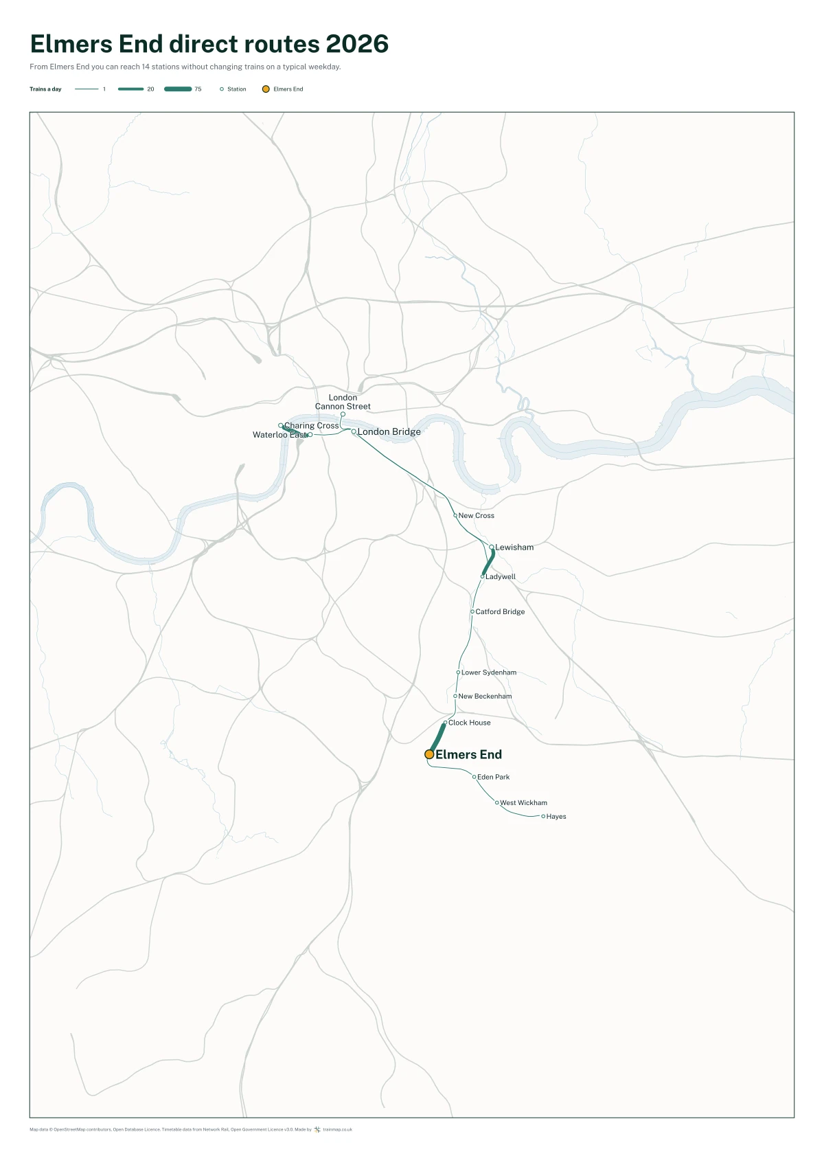 Elmers End direct routes 2026: a map of every station you can reach from Elmers End without changing trains, the lines thicker where more trains run