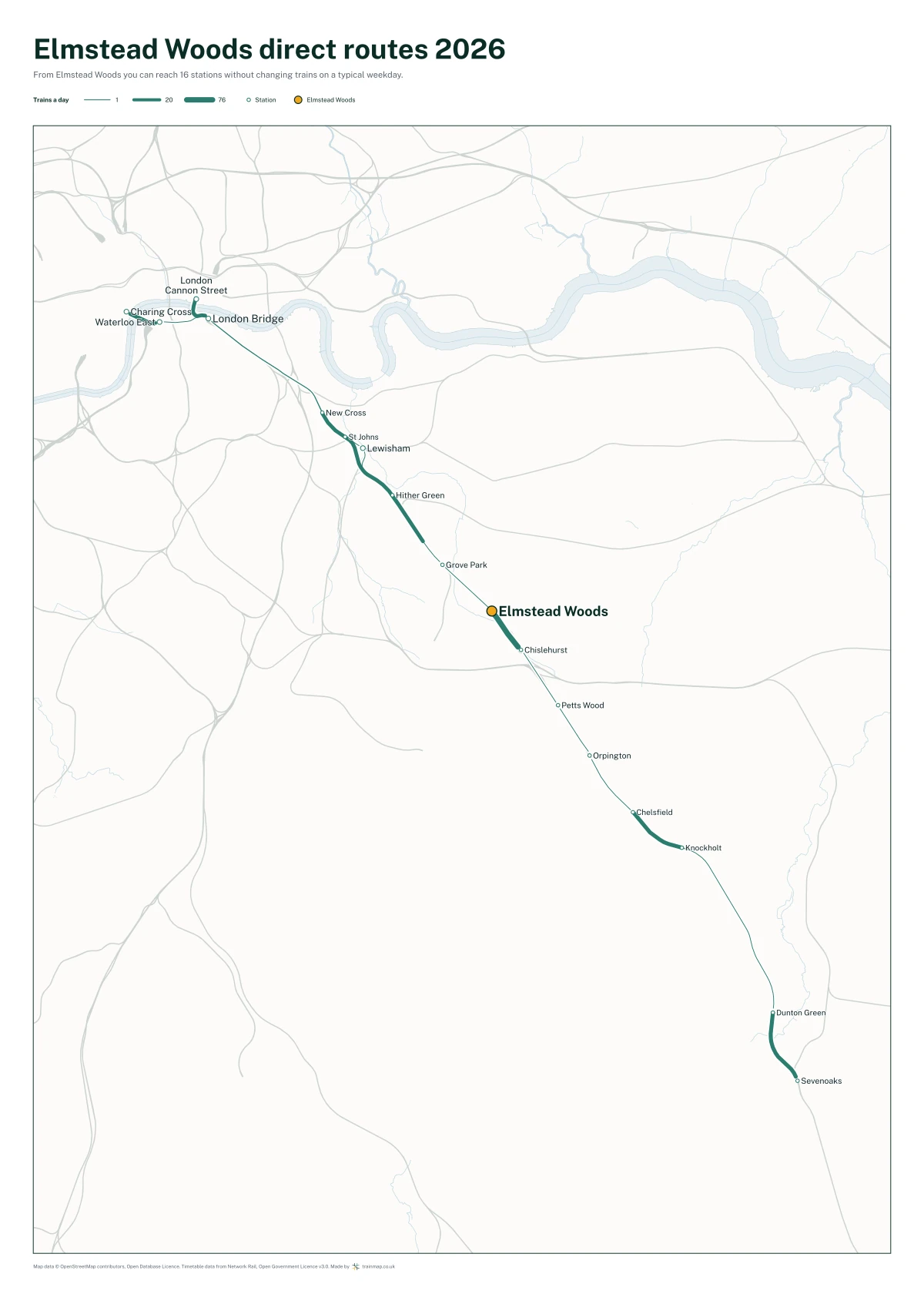 Elmstead Woods direct routes 2026: a map of every station you can reach from Elmstead Woods without changing trains, the lines thicker where more trains run