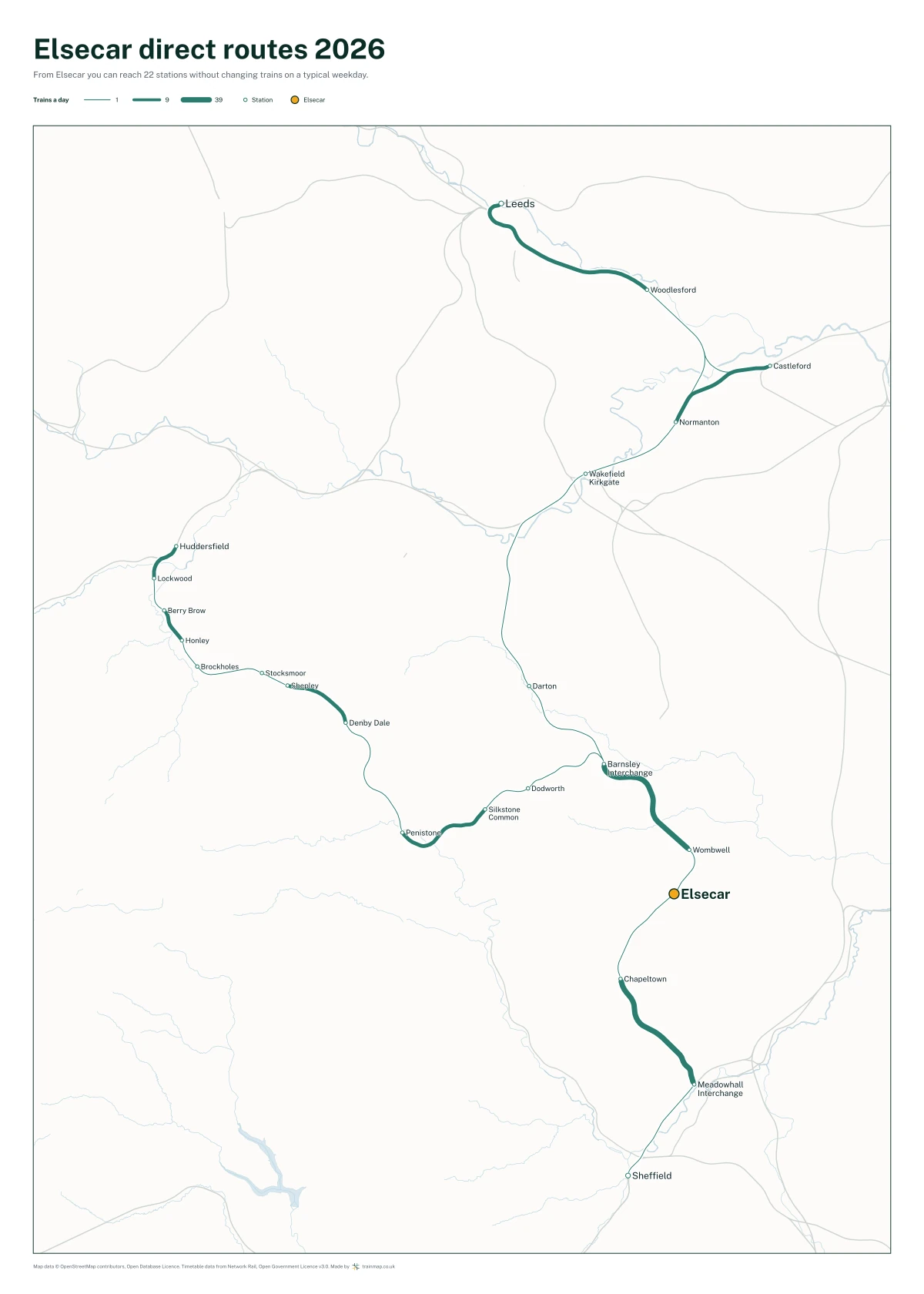 Elsecar direct routes 2026: a map of every station you can reach from Elsecar without changing trains, the lines thicker where more trains run
