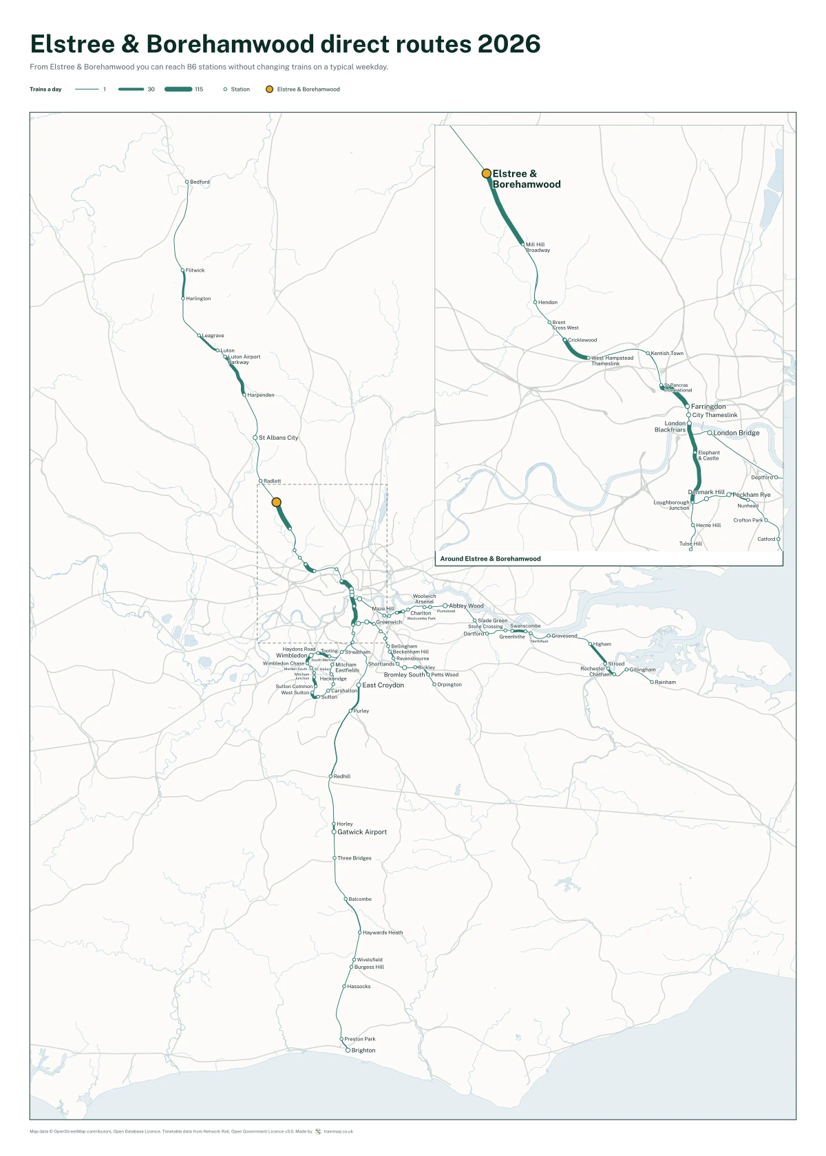 Elstree & Borehamwood direct routes 2026: a map of every station you can reach from Elstree & Borehamwood without changing trains, the lines thicker where more trains run