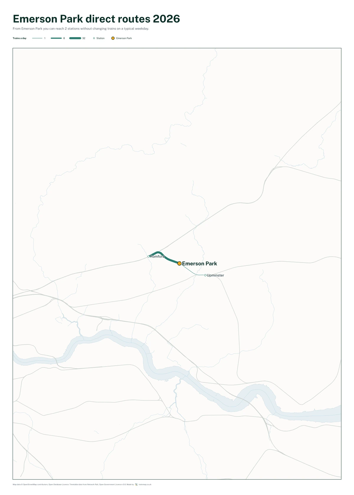 Emerson Park direct routes 2026: a map of every station you can reach from Emerson Park without changing trains, the lines thicker where more trains run