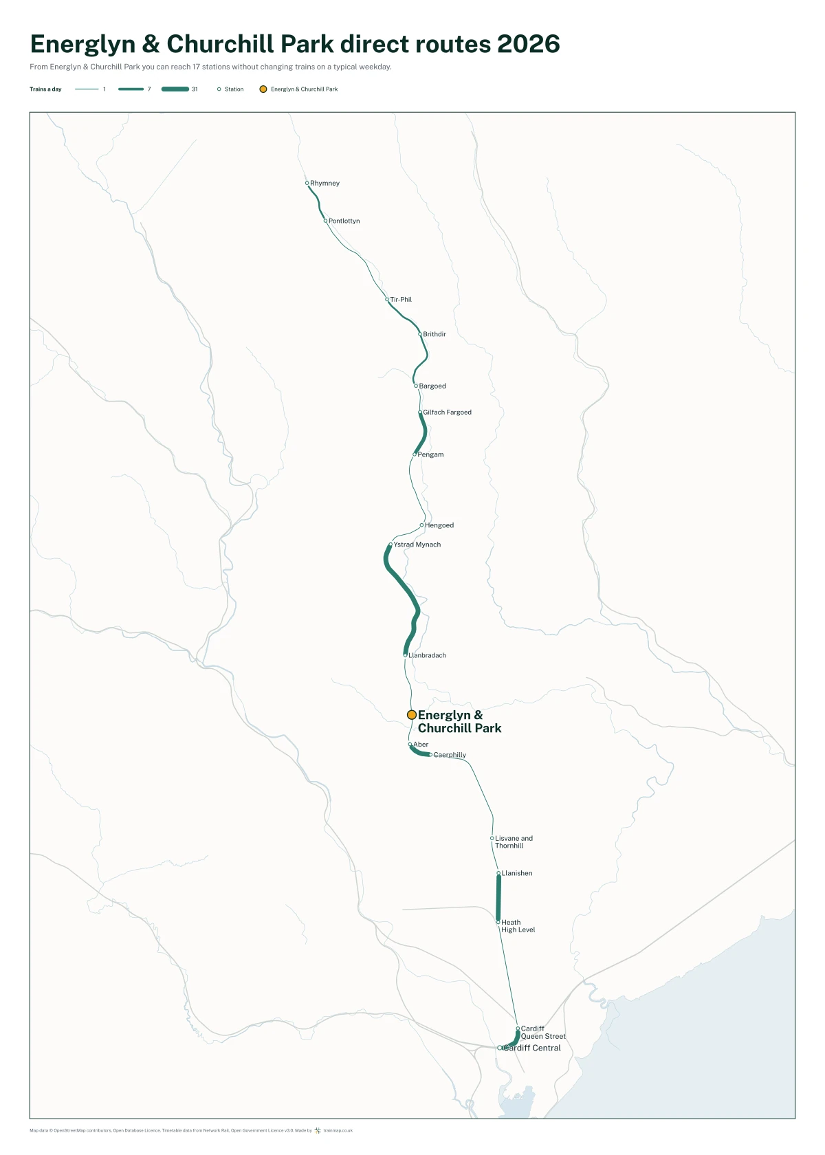 Energlyn & Churchill Park direct routes 2026: a map of every station you can reach from Energlyn & Churchill Park without changing trains, the lines thicker where more trains run