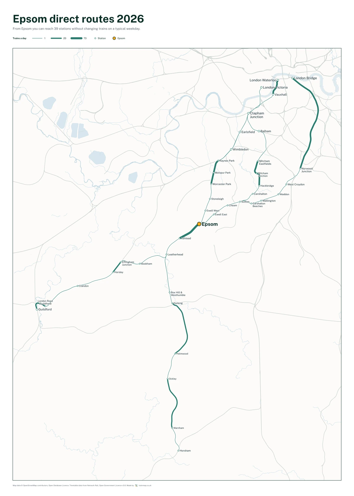 Epsom direct routes 2026: a map of every station you can reach from Epsom without changing trains, the lines thicker where more trains run