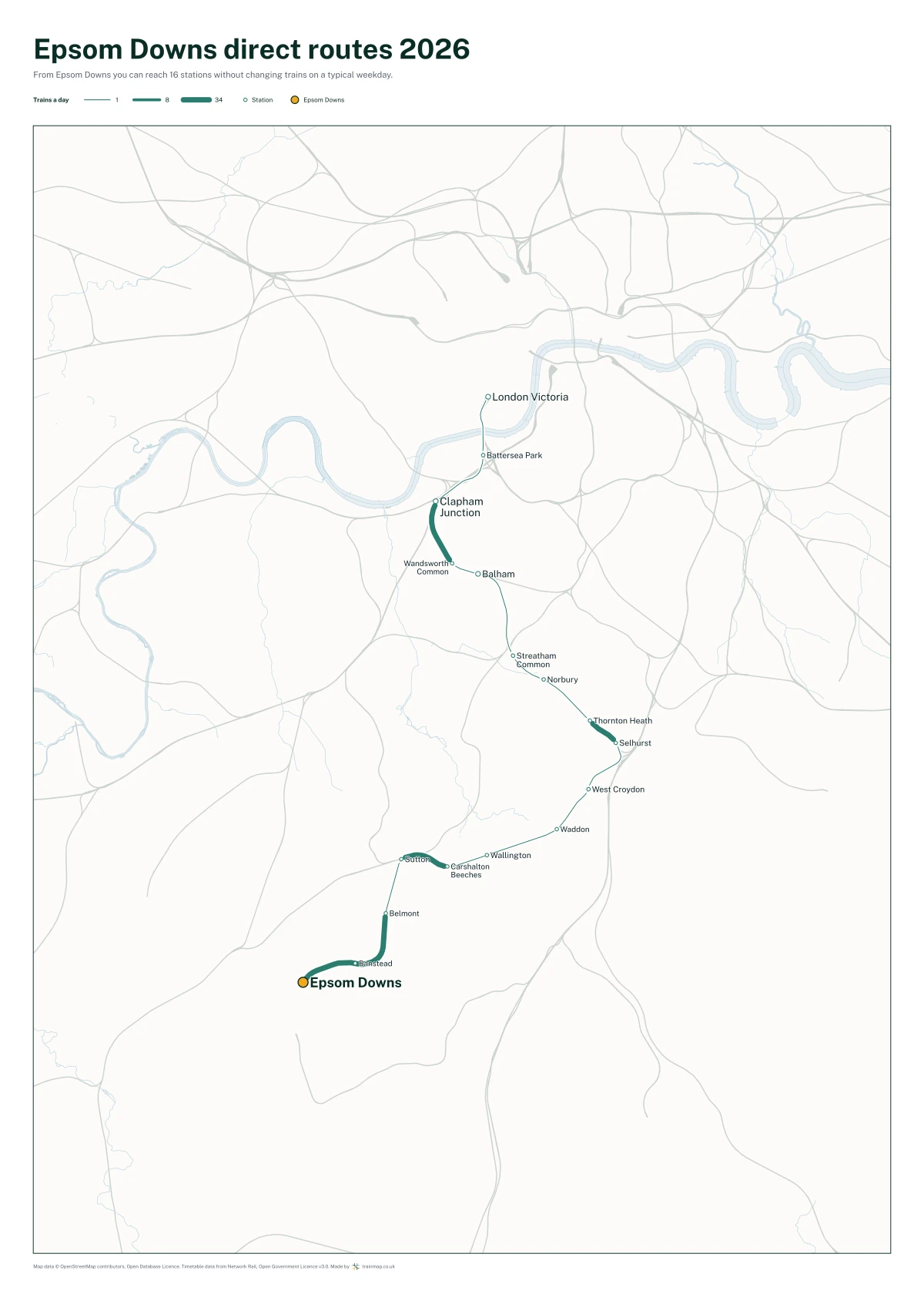 Epsom Downs direct routes 2026: a map of every station you can reach from Epsom Downs without changing trains, the lines thicker where more trains run