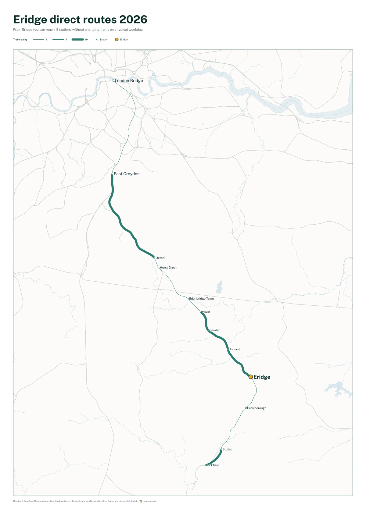 Eridge direct routes 2026: a map of every station you can reach from Eridge without changing trains, the lines thicker where more trains run
