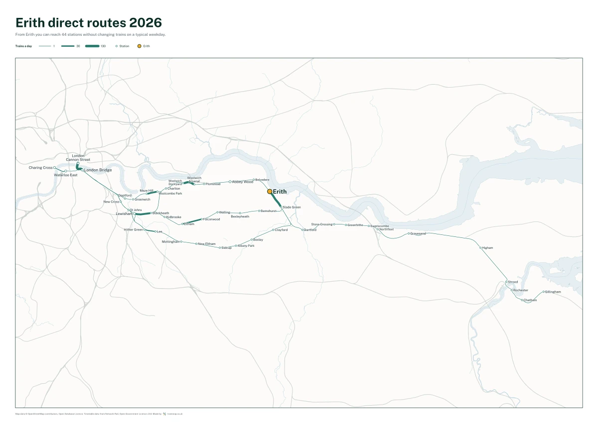 Erith direct routes 2026: a map of every station you can reach from Erith without changing trains, the lines thicker where more trains run