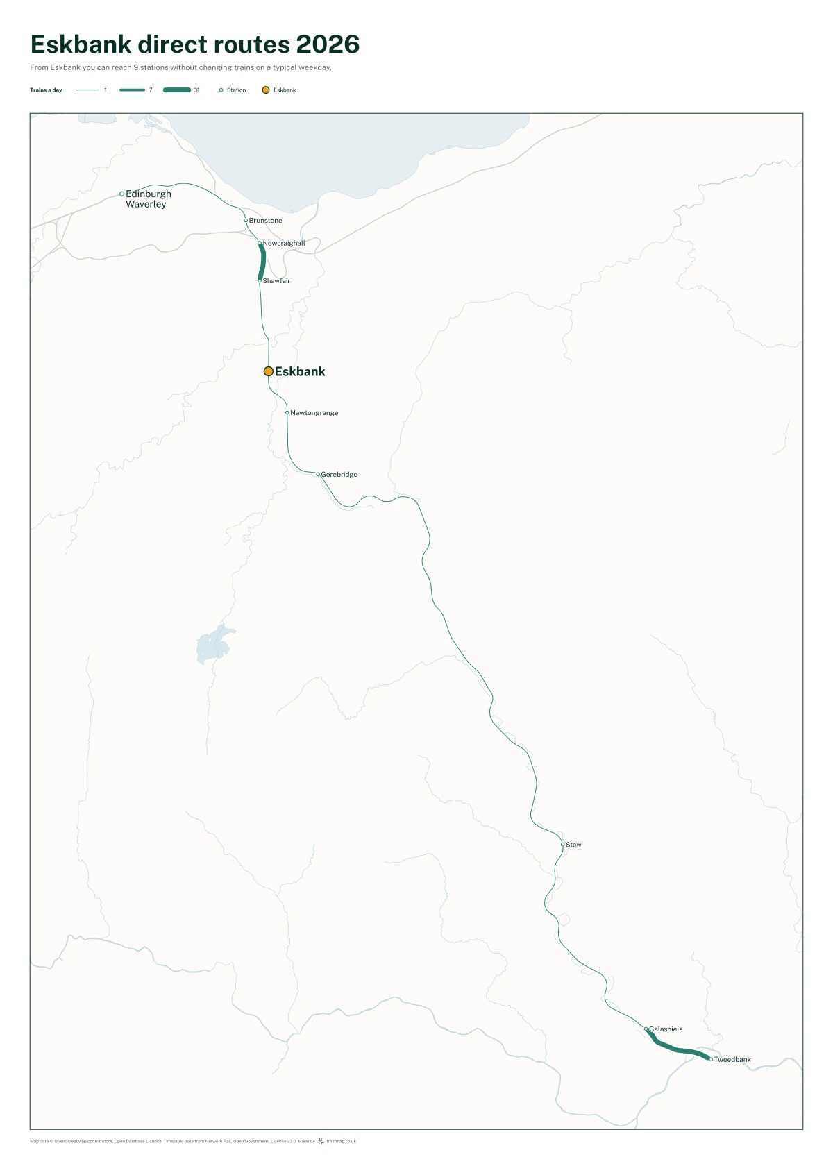 Eskbank direct routes 2026: a map of every station you can reach from Eskbank without changing trains, the lines thicker where more trains run