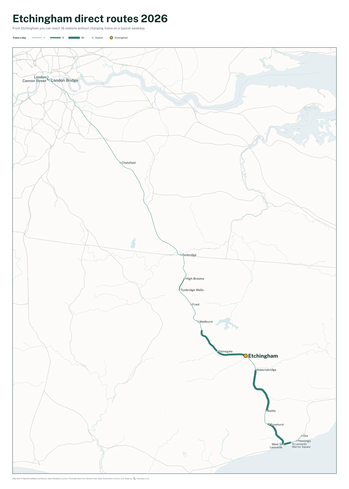 Etchingham direct routes 2026: a map of every station you can reach from Etchingham without changing trains, the lines thicker where more trains run