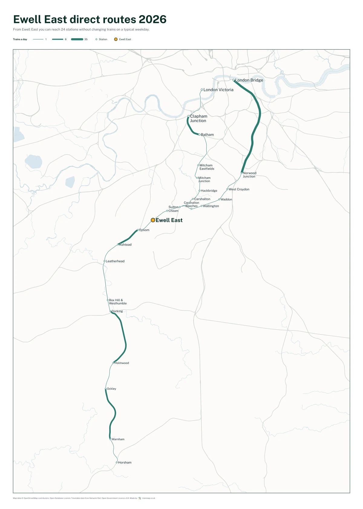 Ewell East direct routes 2026: a map of every station you can reach from Ewell East without changing trains, the lines thicker where more trains run