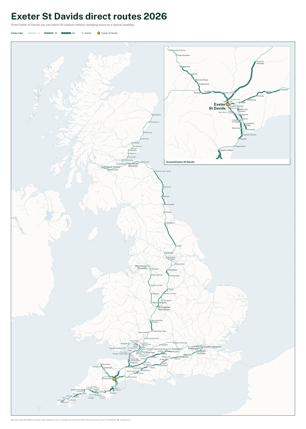 Exeter St Davids direct routes 2026: a map of every station you can reach from Exeter St Davids without changing trains, the lines thicker where more trains run