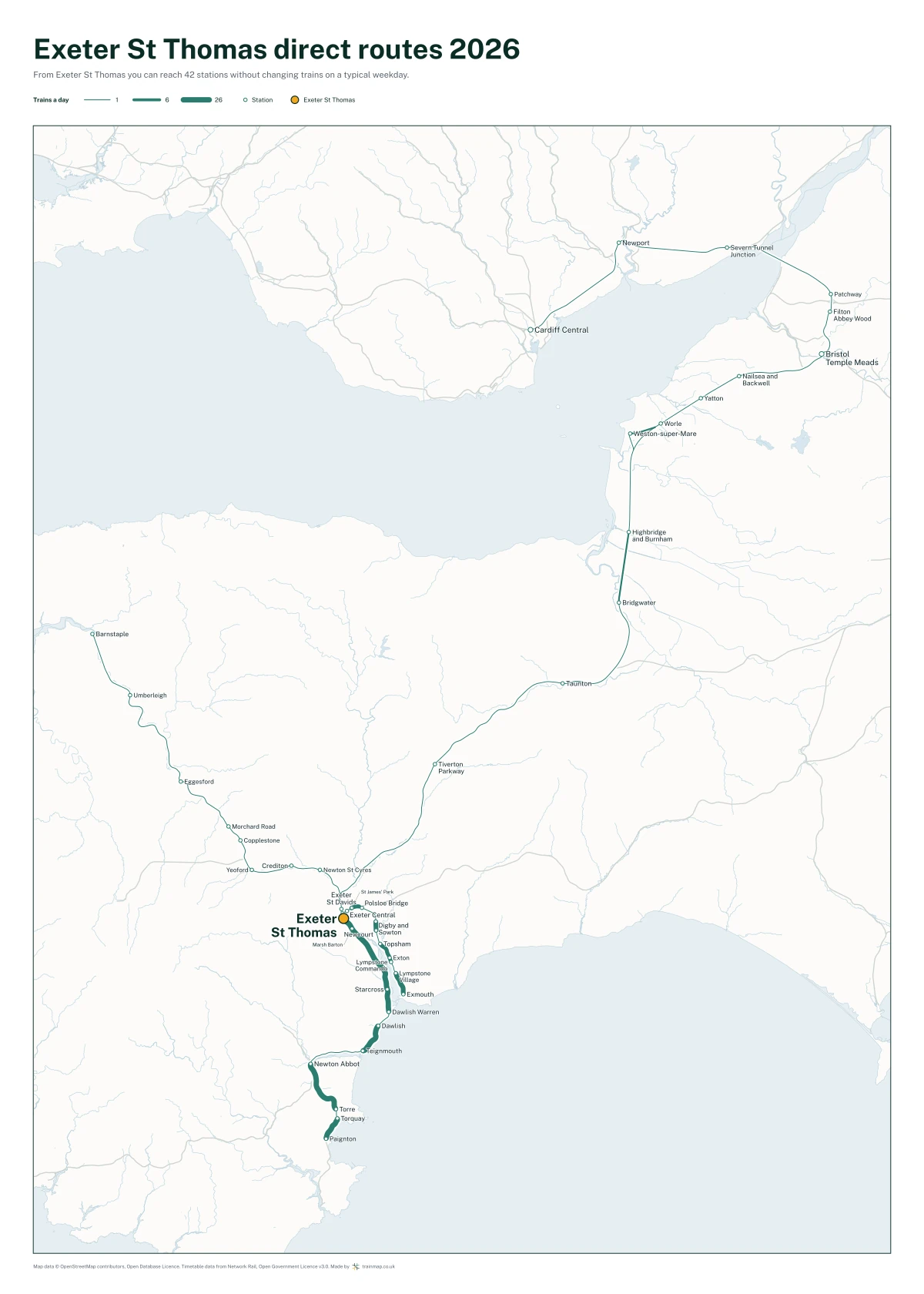 Exeter St Thomas direct routes 2026: a map of every station you can reach from Exeter St Thomas without changing trains, the lines thicker where more trains run