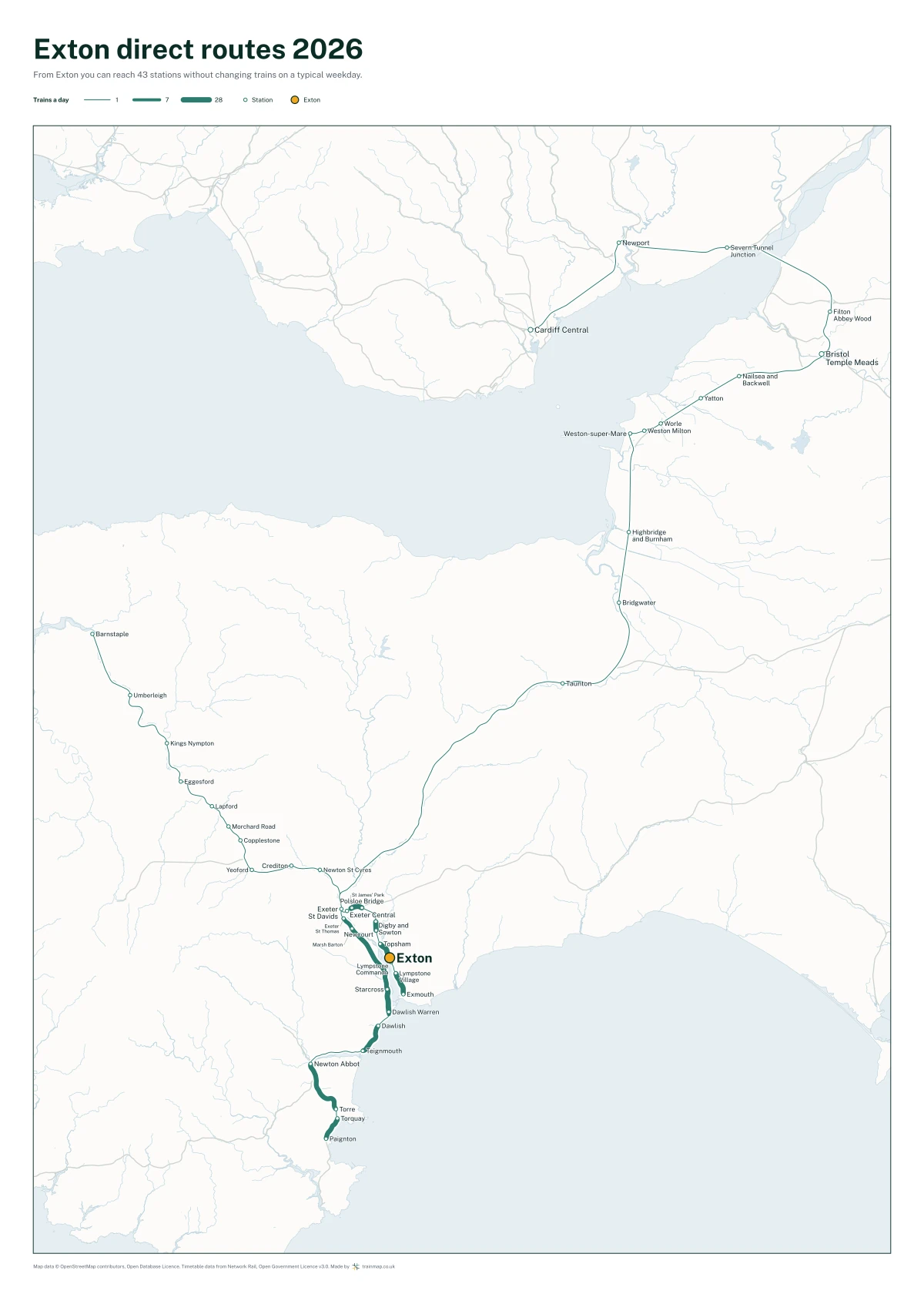 Exton direct routes 2026: a map of every station you can reach from Exton without changing trains, the lines thicker where more trains run